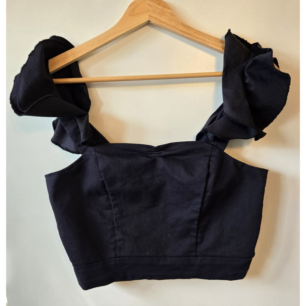 Ruffled Crop Top Womens 2 Black‎ 90s Clubwear Y2K Zip-Up Bustier Sweetheart Neck